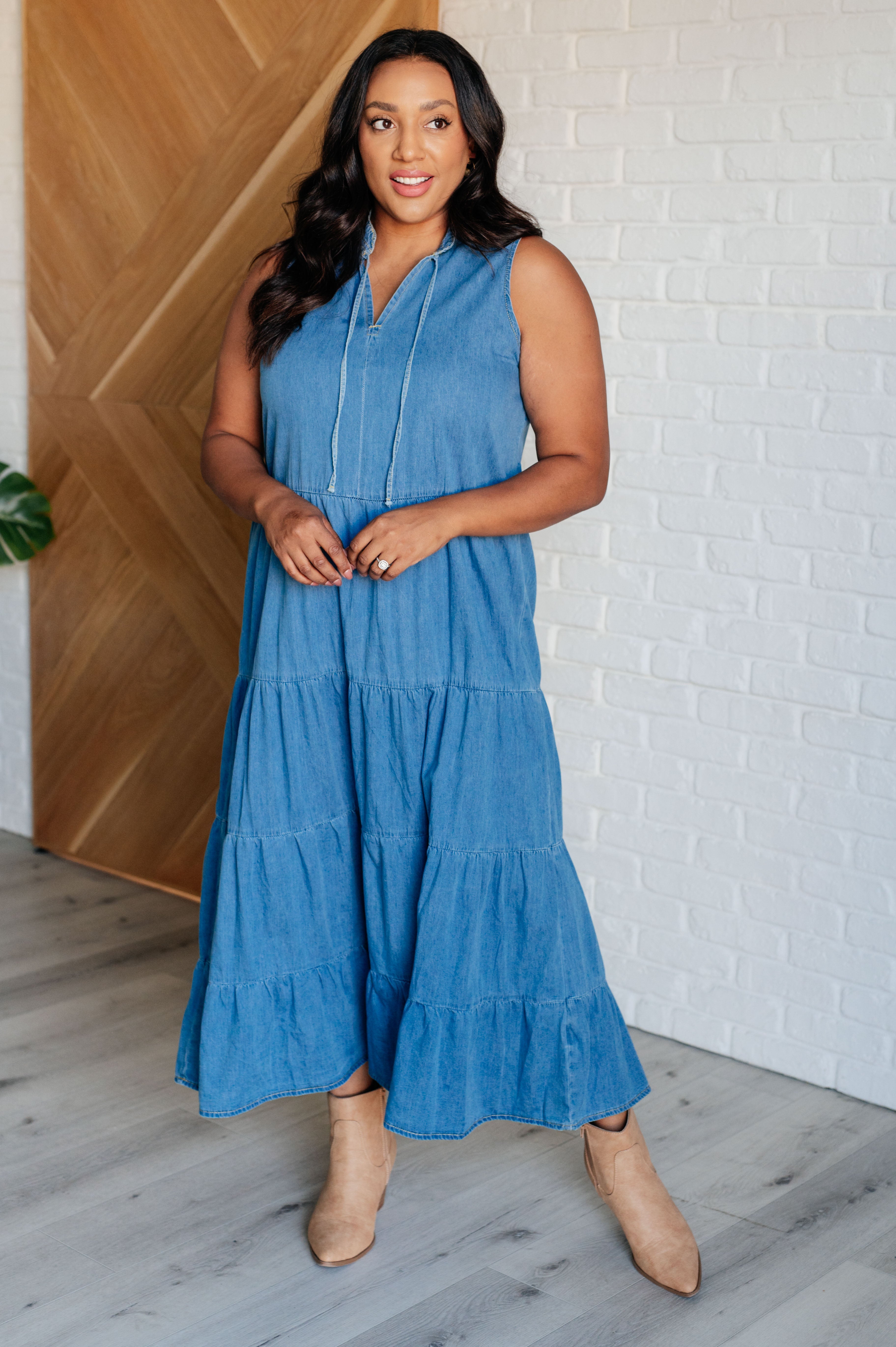 Ever Blue Tiered Denim Maxi Dress