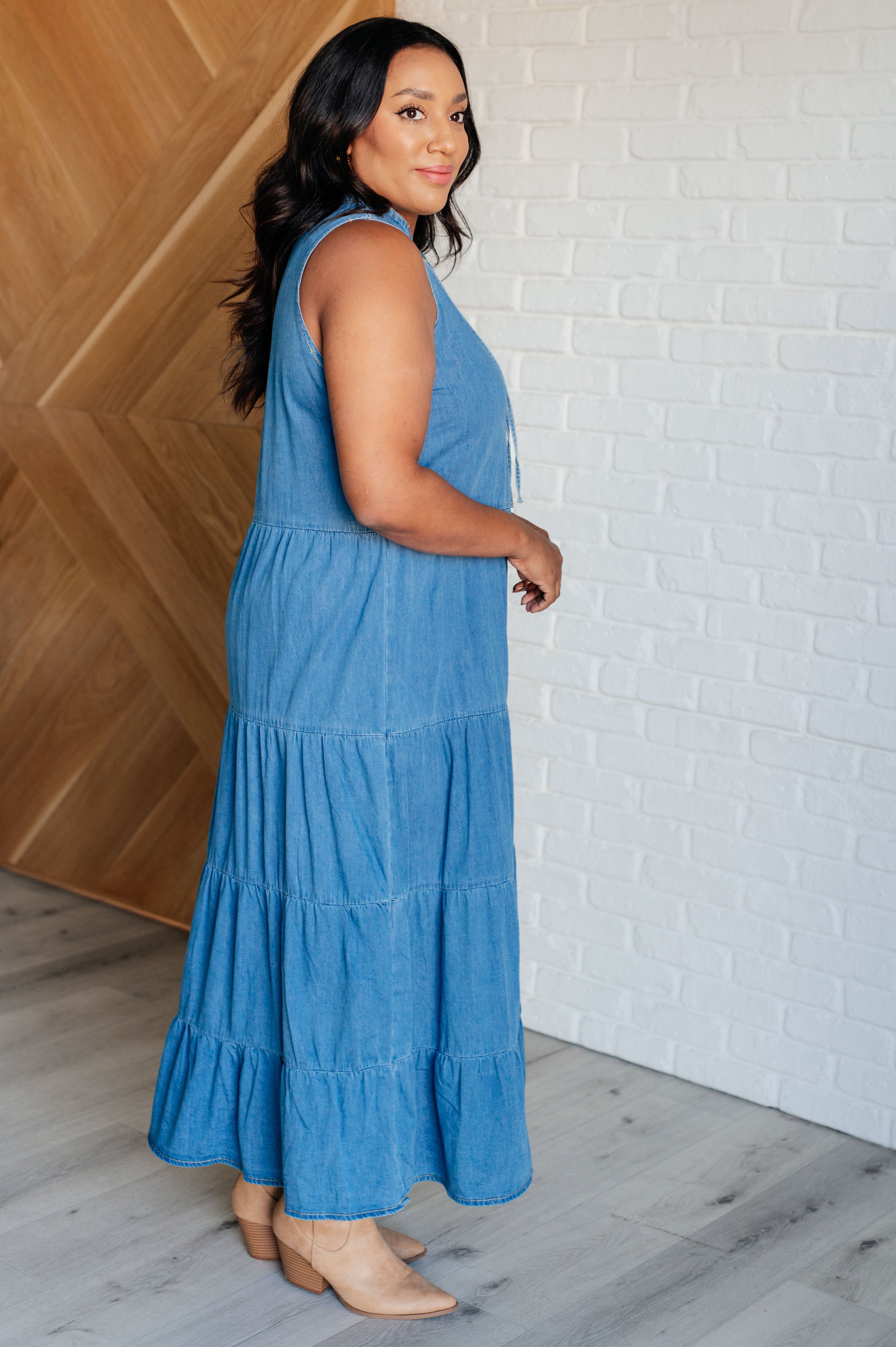 Ever Blue Tiered Denim Maxi Dress