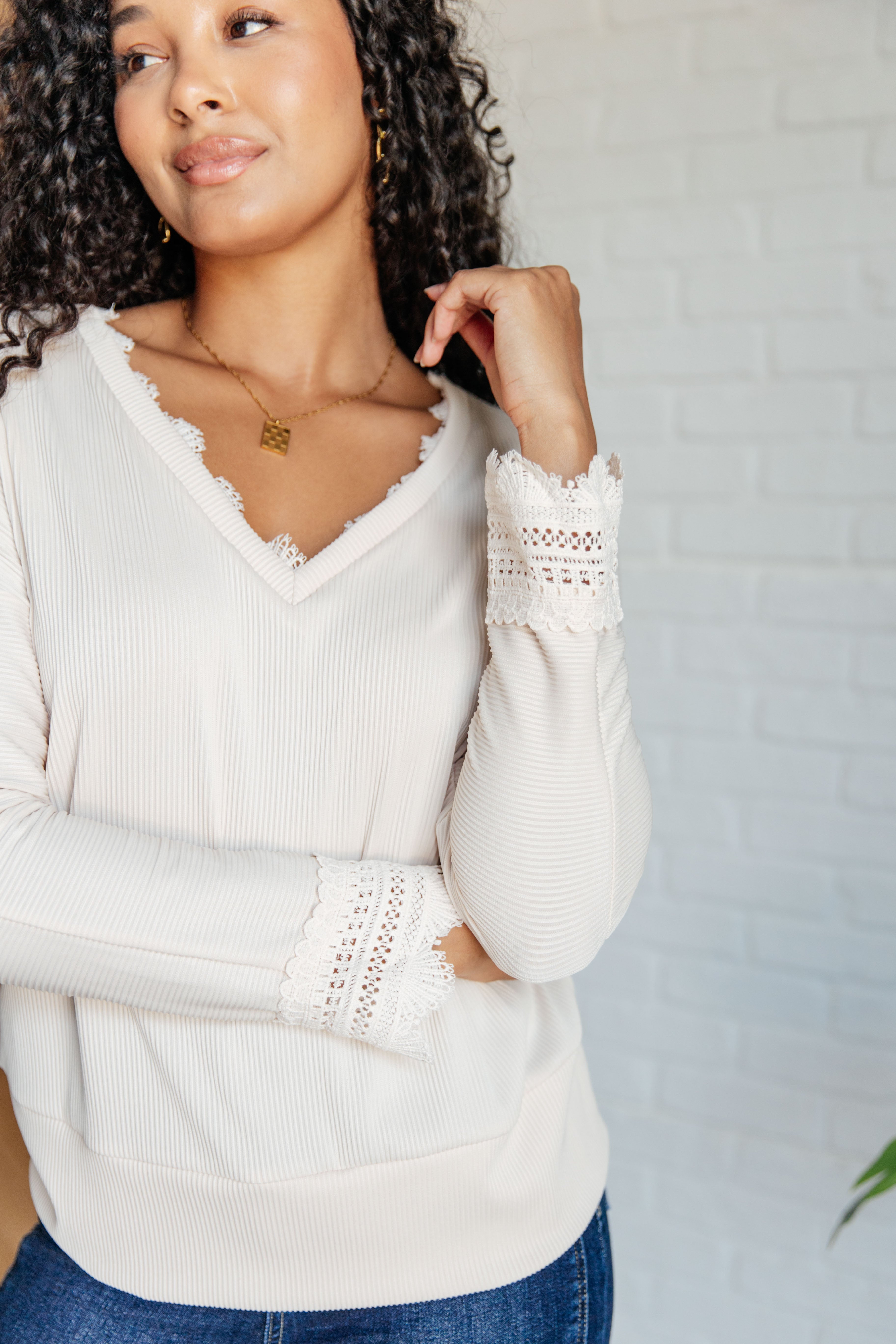 Hint of Lace Trim V-Neck Top