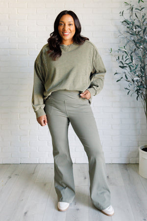 Forming Routines Twill Crossover Waist Flare Pants in Dusty Olive