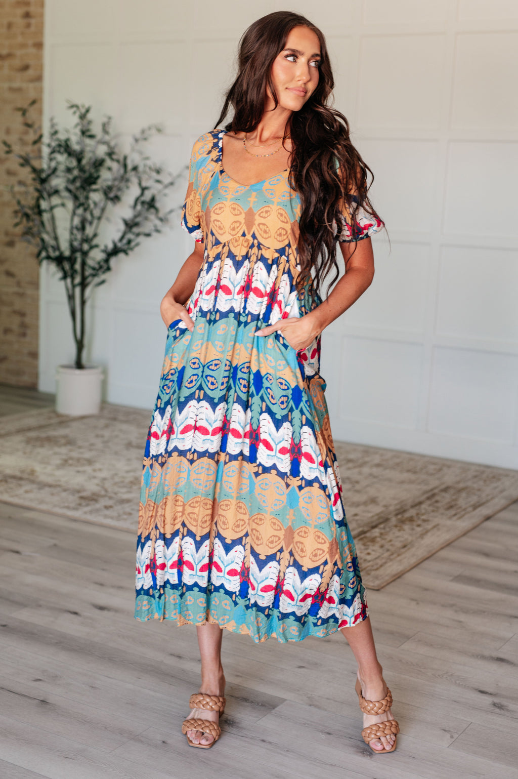 Bohemian Print Balloon Sleeve Maxi Dress