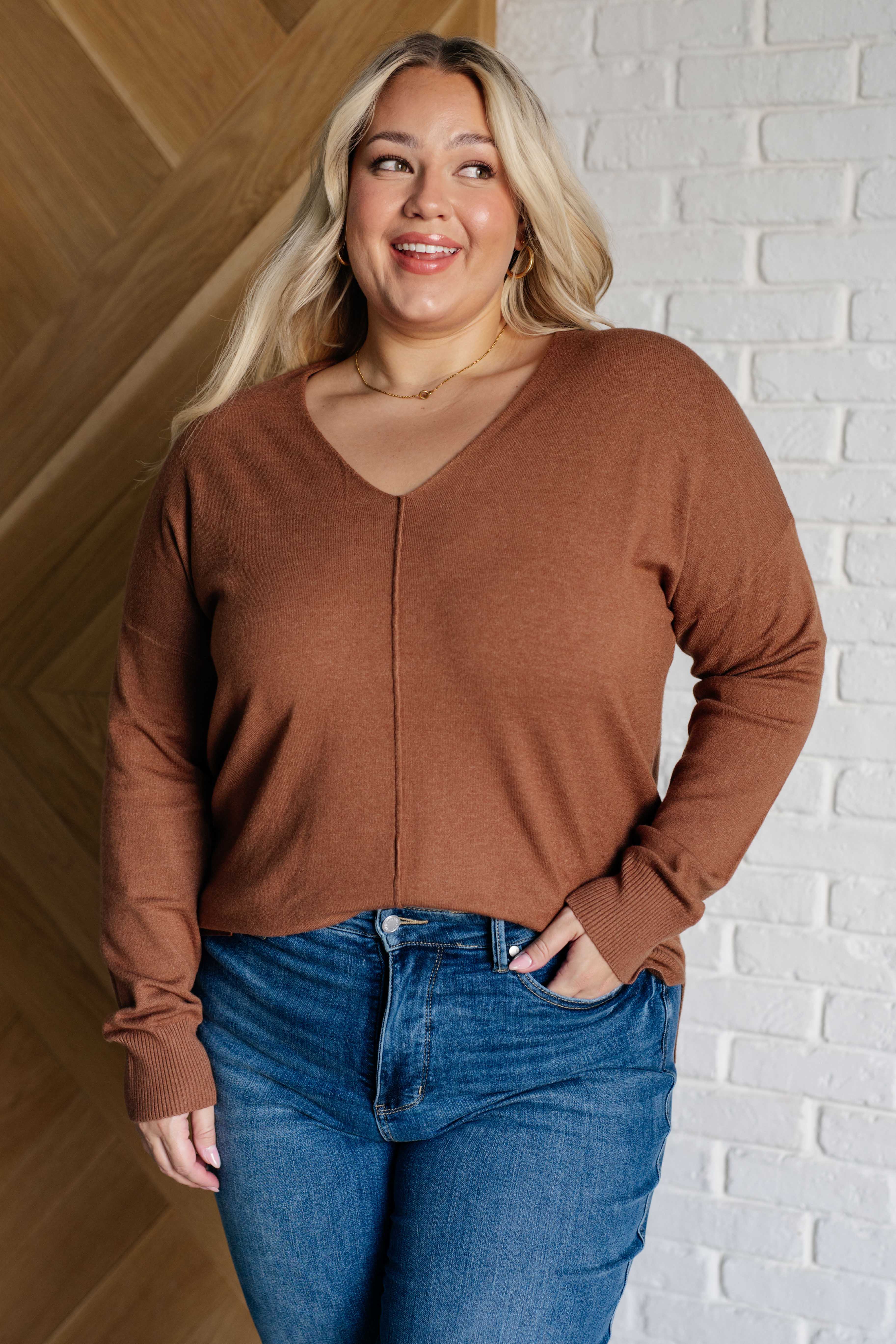 Nadine Exposed Seam Sweater in Deep Camel