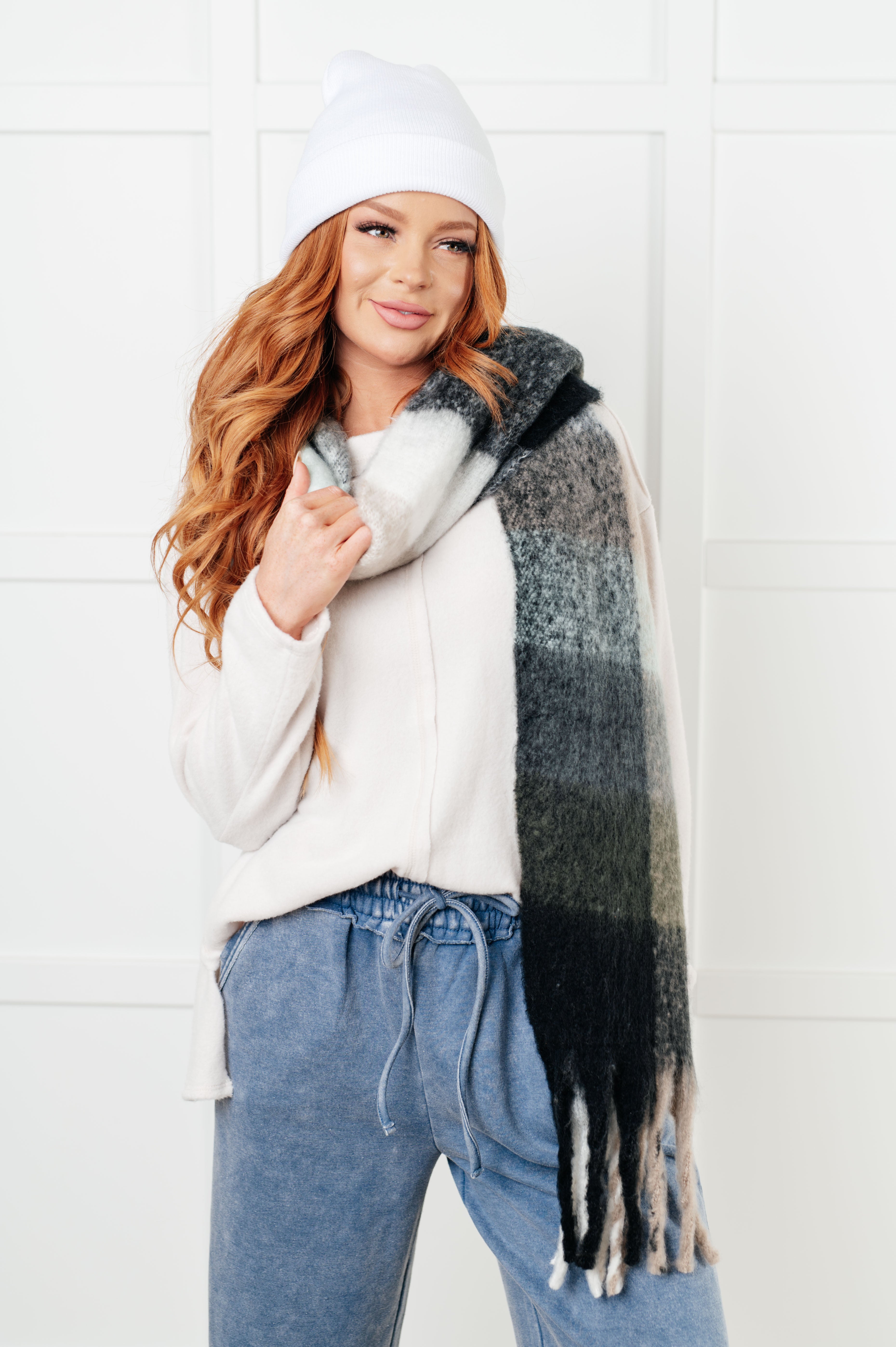 Fringe With Benefits Oversized Scarf in Grey & Jade