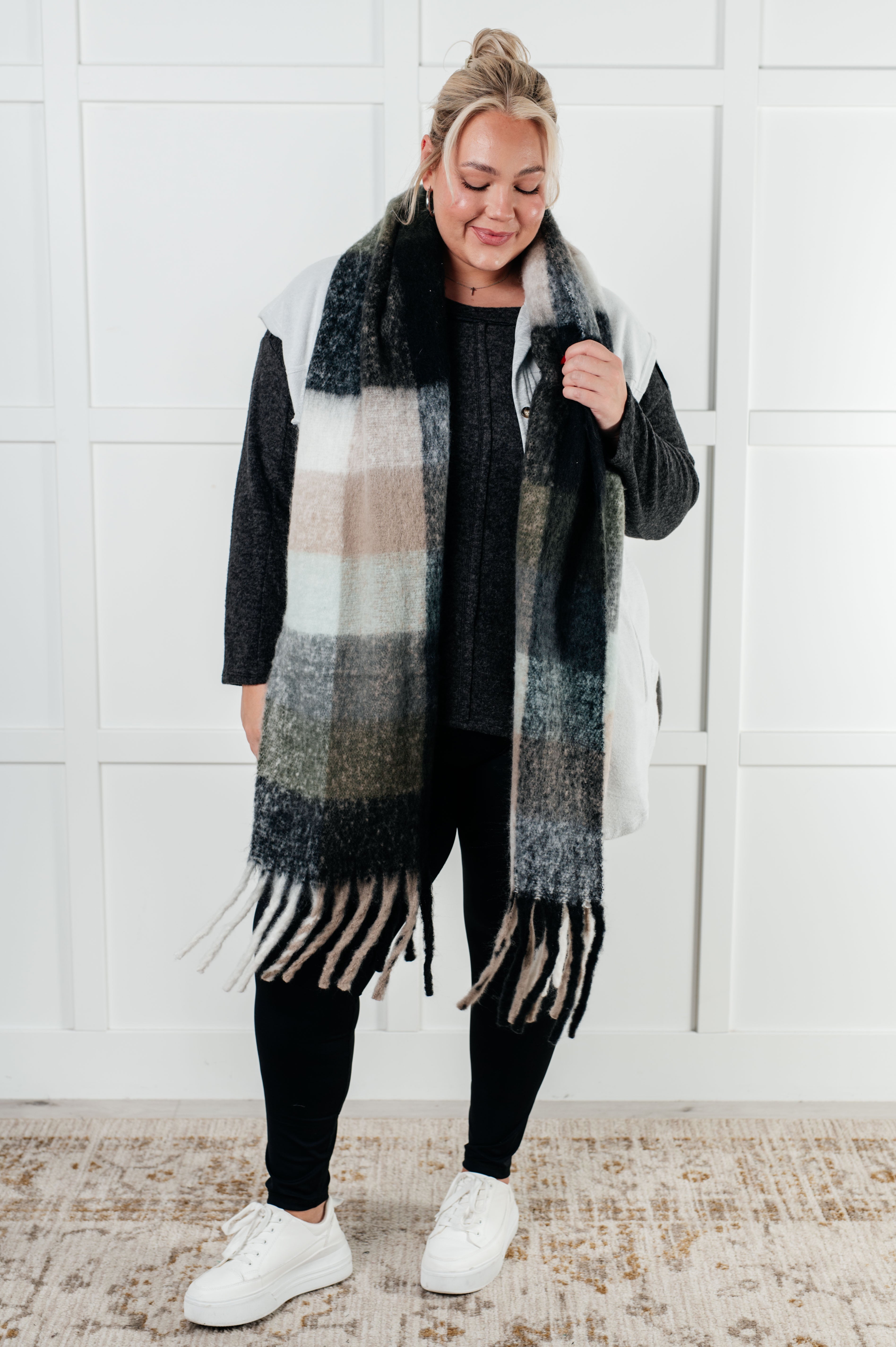 Fringe With Benefits Oversized Scarf in Grey & Jade