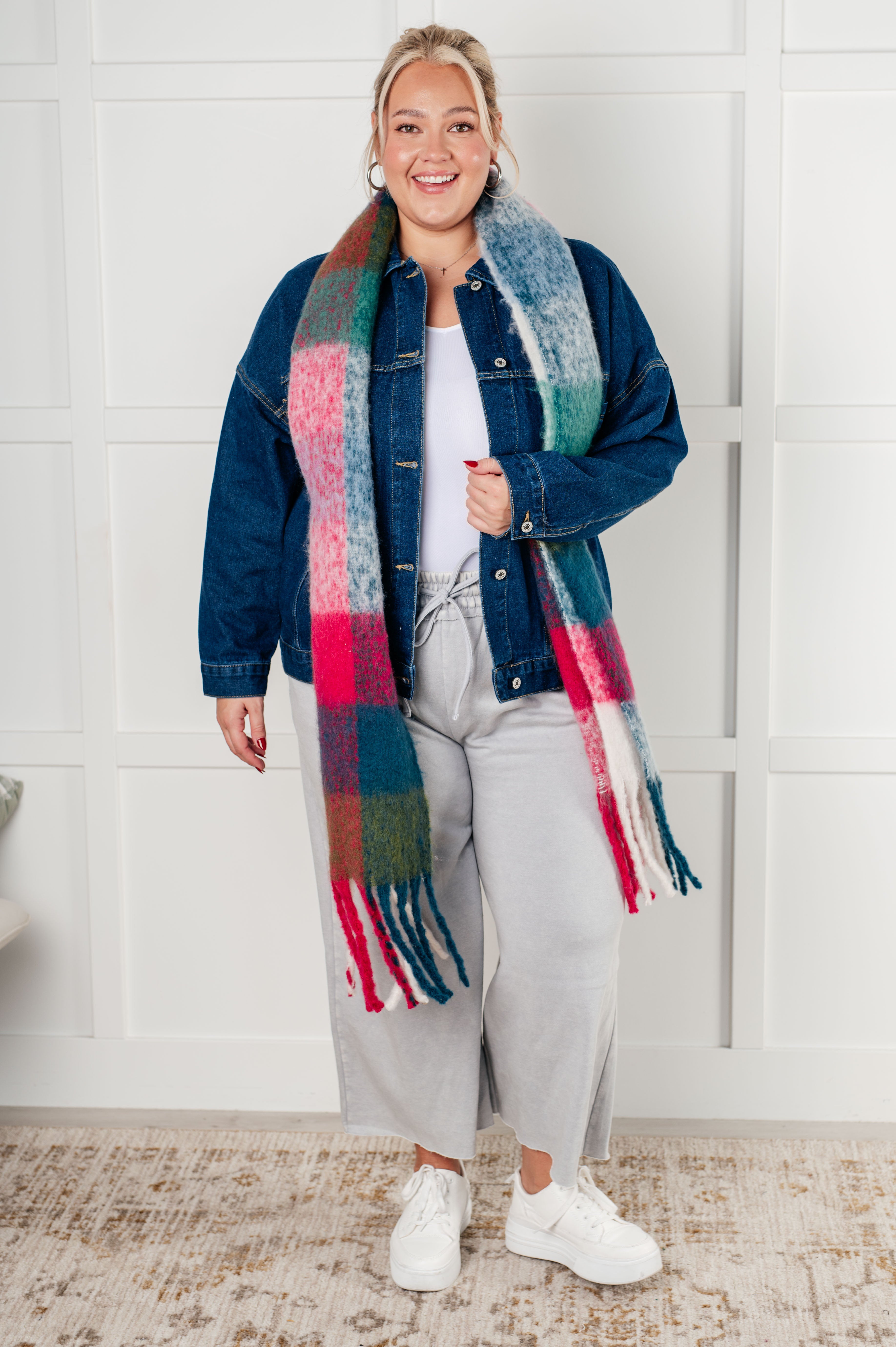 Fringe With Benefits Oversized Scarf in Magenta & Teal