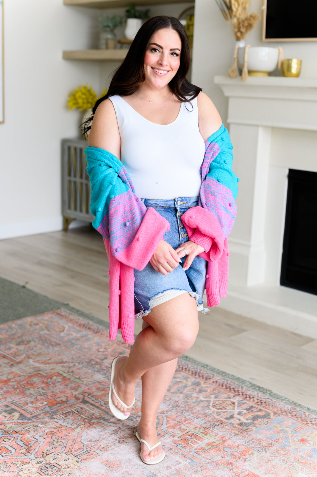 Ombre & Pom Poms Open Front Cardigan