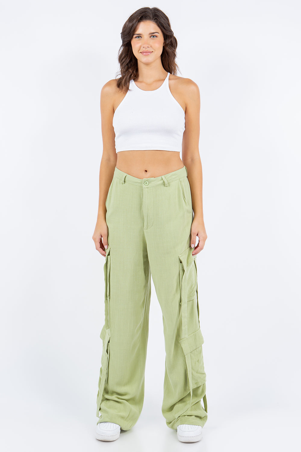 Urban Flair Linen Wide Leg Cargo Pants in Sage