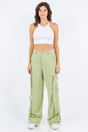 Urban Flair Linen Wide Leg Cargo Pants in Sage