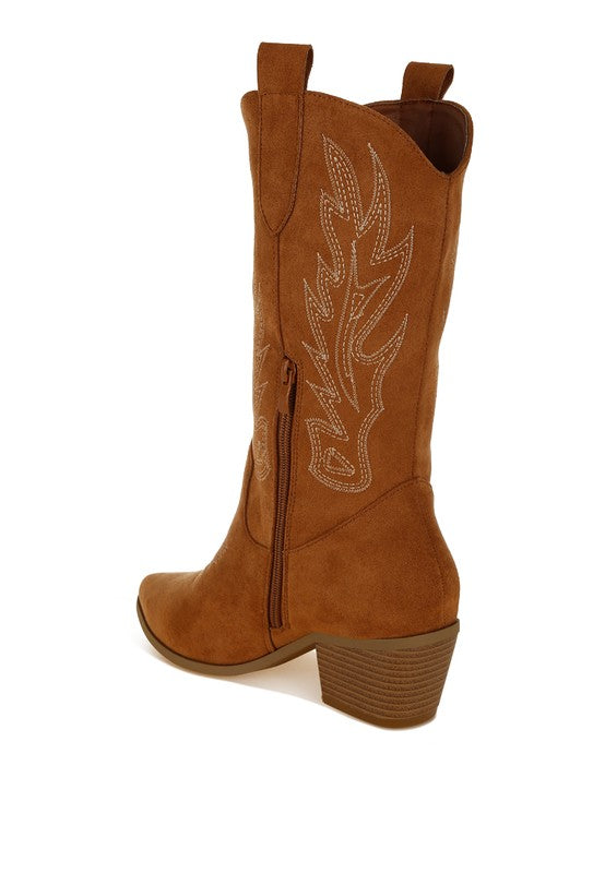 Metallic Detail Embroidery Cowboy Boots in Tan, Black, & Beige