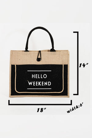 Hello Weekend Burlap Tote Bag in Black, Pink, & Ivory