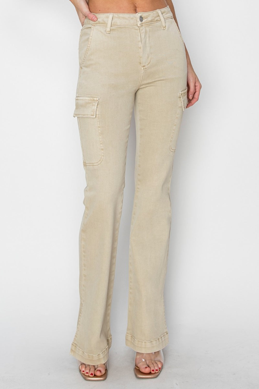 Cargo Pockets & Side Slits High Rise Bootcut Jeans in Stone