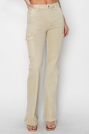 Cargo Pockets & Side Slits High Rise Bootcut Jeans in Stone