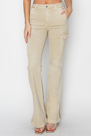 Cargo Pockets & Side Slits High Rise Bootcut Jeans in Stone