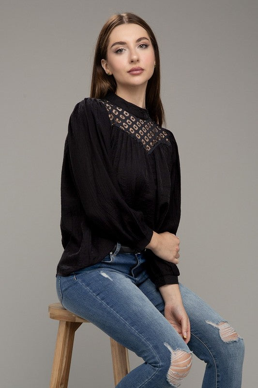 Romantic Lace Yoke Blouse in Black