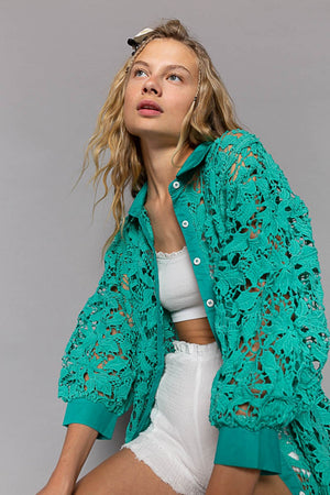 Adya Lace Crochet Button Down Shirt in Forest Teal