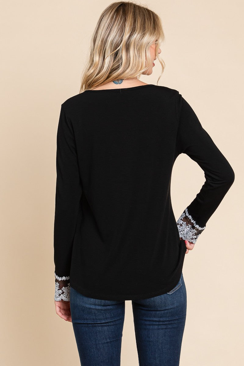 Casual Grace Lace Accent T-Shirt in Black