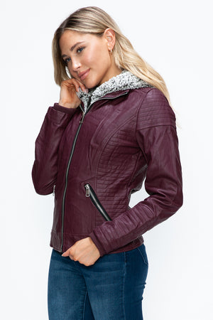 Rebel Chic Faux Leather Moto Jacket with Removable Fuzzy Hood in Wine