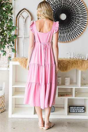 Bethany Ruffled Sleeve Tiered Midi Dress in Bubble Pink