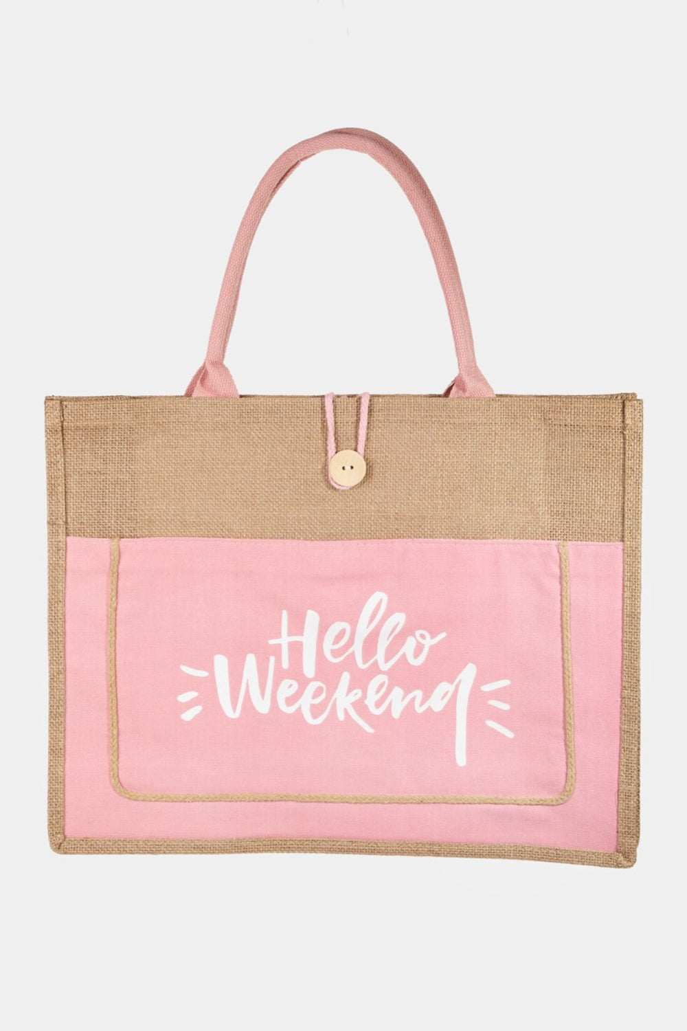 Hello Weekend Burlap Tote Bag in Black, Pink, & Ivory