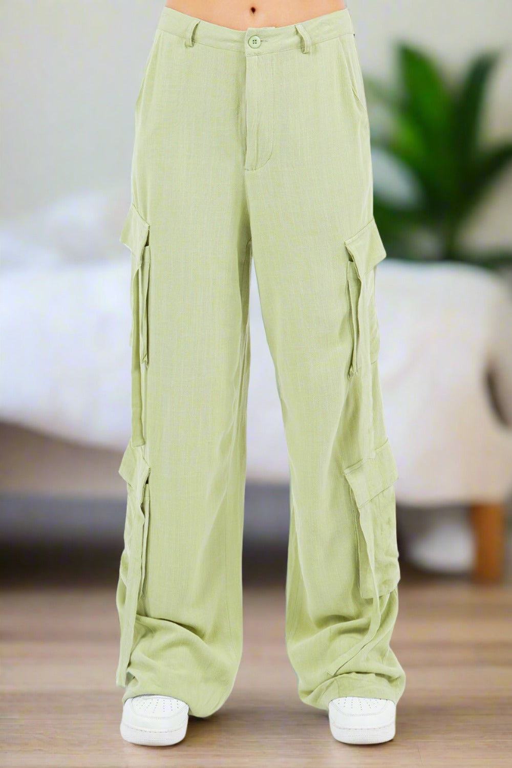 Urban Flair Linen Wide Leg Cargo Pants in Sage