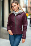 Rebel Chic Faux Leather Moto Jacket with Removable Fuzzy Hood in Wine