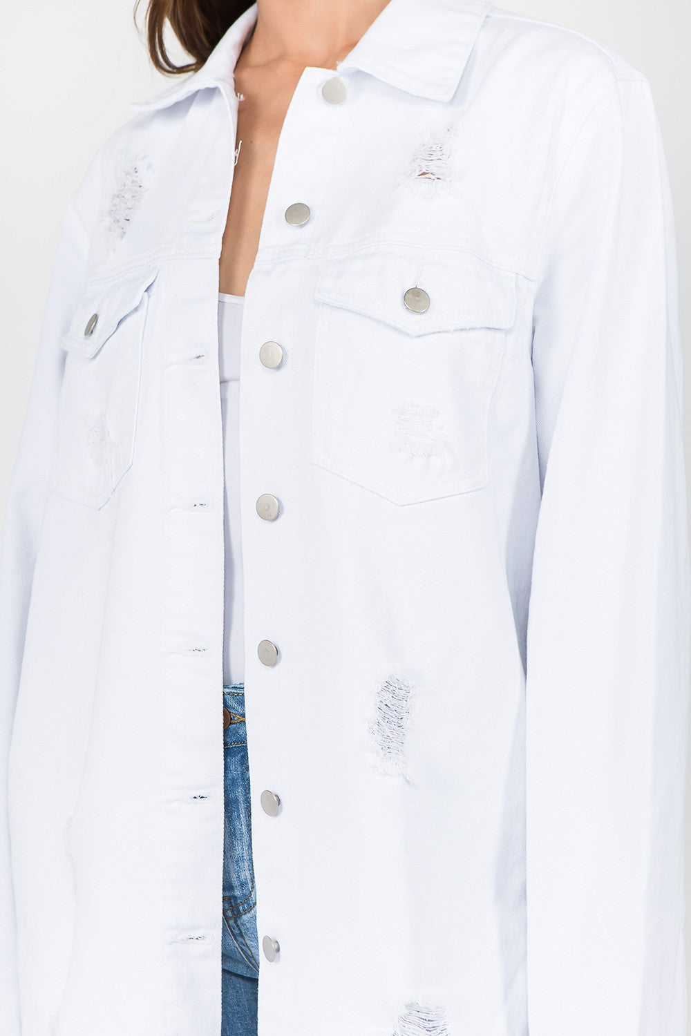 Distressed Button Down Denim Jacket in White