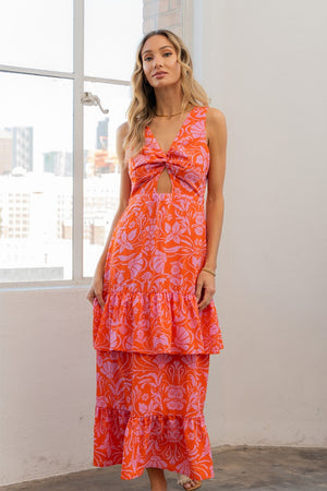 Ruffled Floral Maxi Dress in Orange/Violet