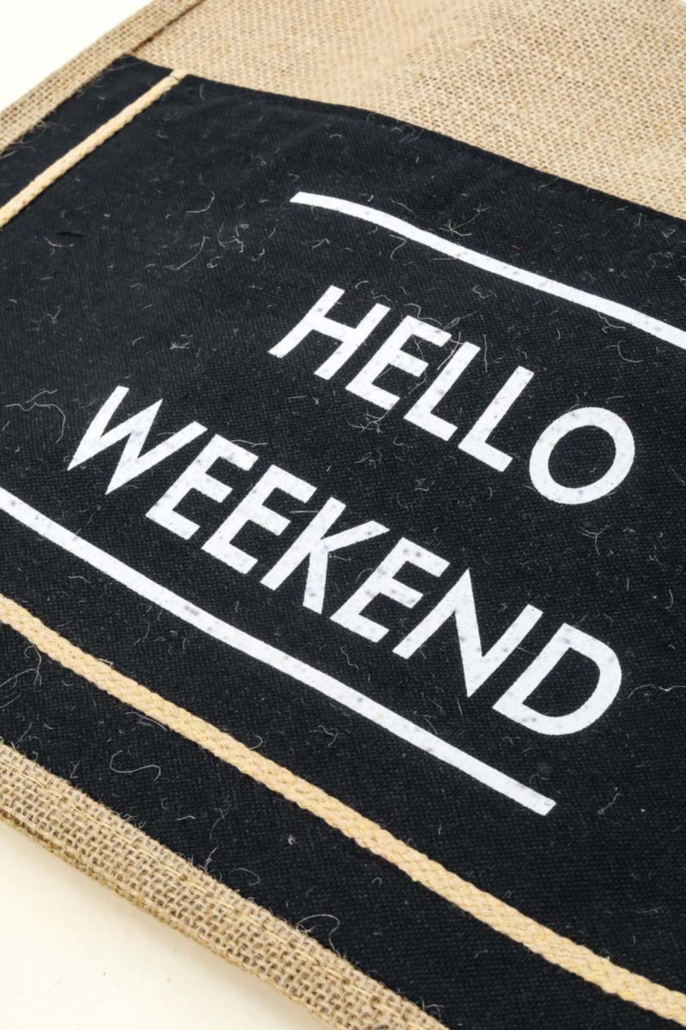 Hello Weekend Burlap Tote Bag in Black, Pink, & Ivory