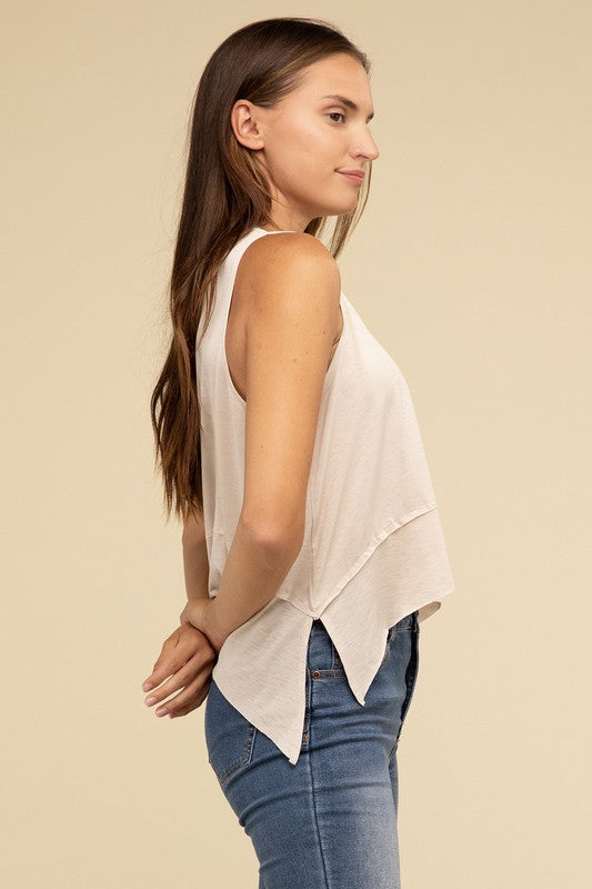 Giselle Shark Hem Side Slit Sleeveless Top in Cabernet, Light Grey, Black, & Sand Beige