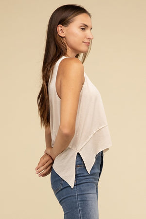 Giselle Shark Hem Side Slit Sleeveless Top in Cabernet, Light Grey, Black, & Sand Beige