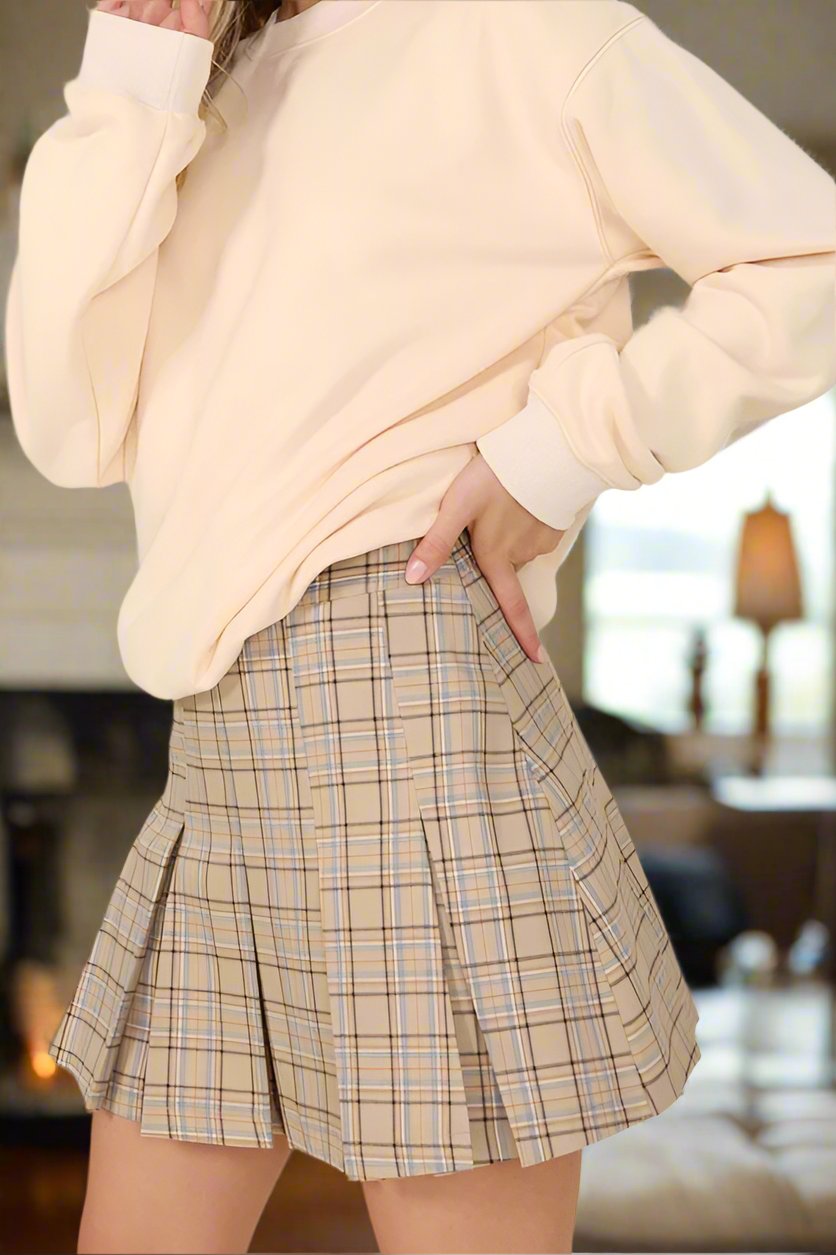 Mad for Plaid Pleat Mini Skirt in Beige Check For She Is Beautiful