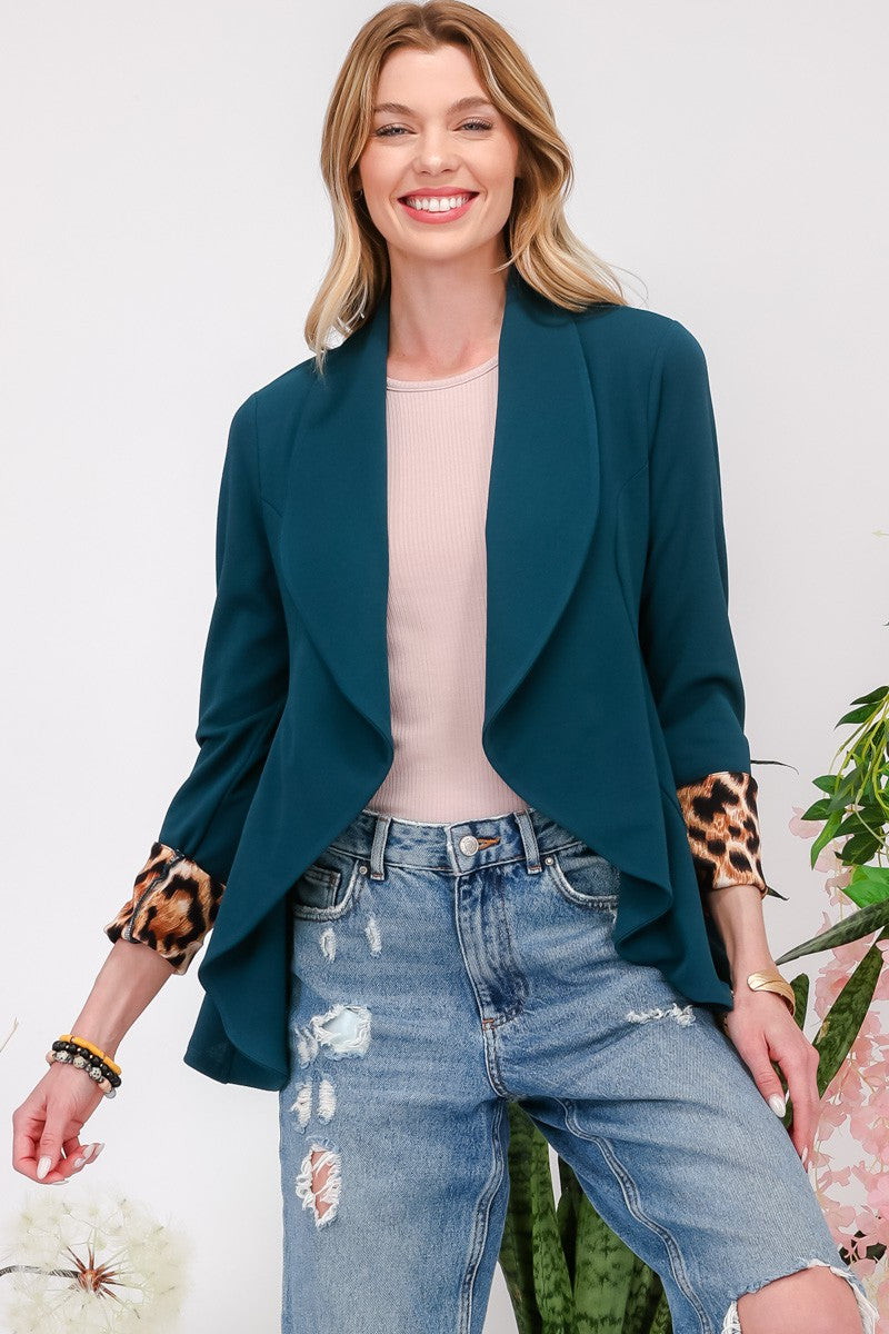 Feline Finish Leopard Cuff Blazer in Hunter Green