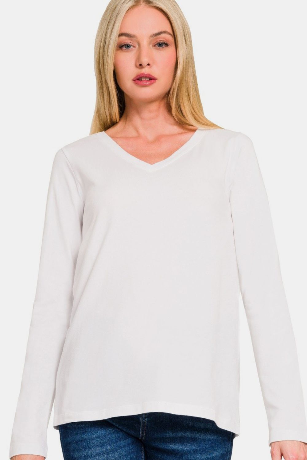 V-Neck No Stress Long Sleeve T-Shirt in White