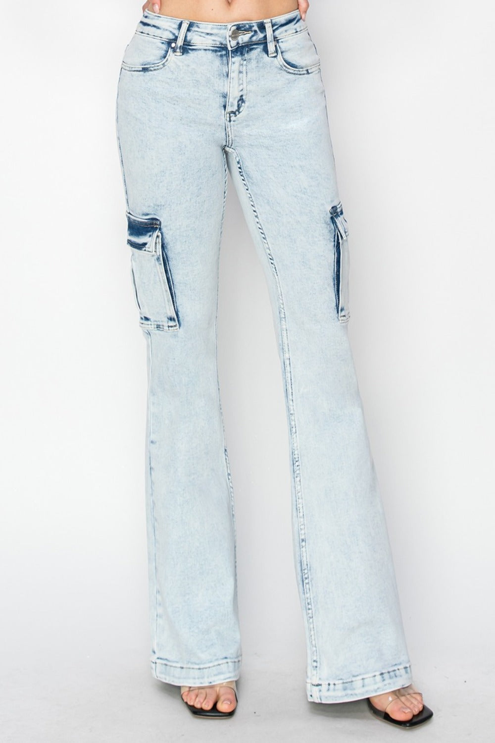 Metro Chic High Rise Cargo Flare Jeans in Acid Light