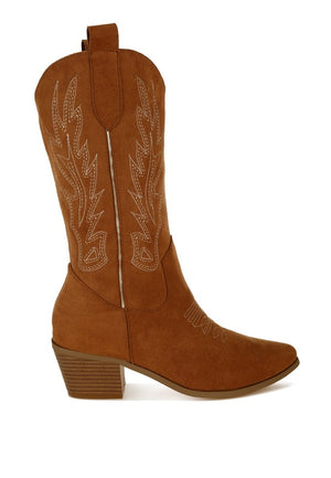 Metallic Detail Embroidery Cowboy Boots in Tan, Black, & Beige