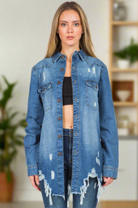 Distressed Button Down Denim Jacket in Blue