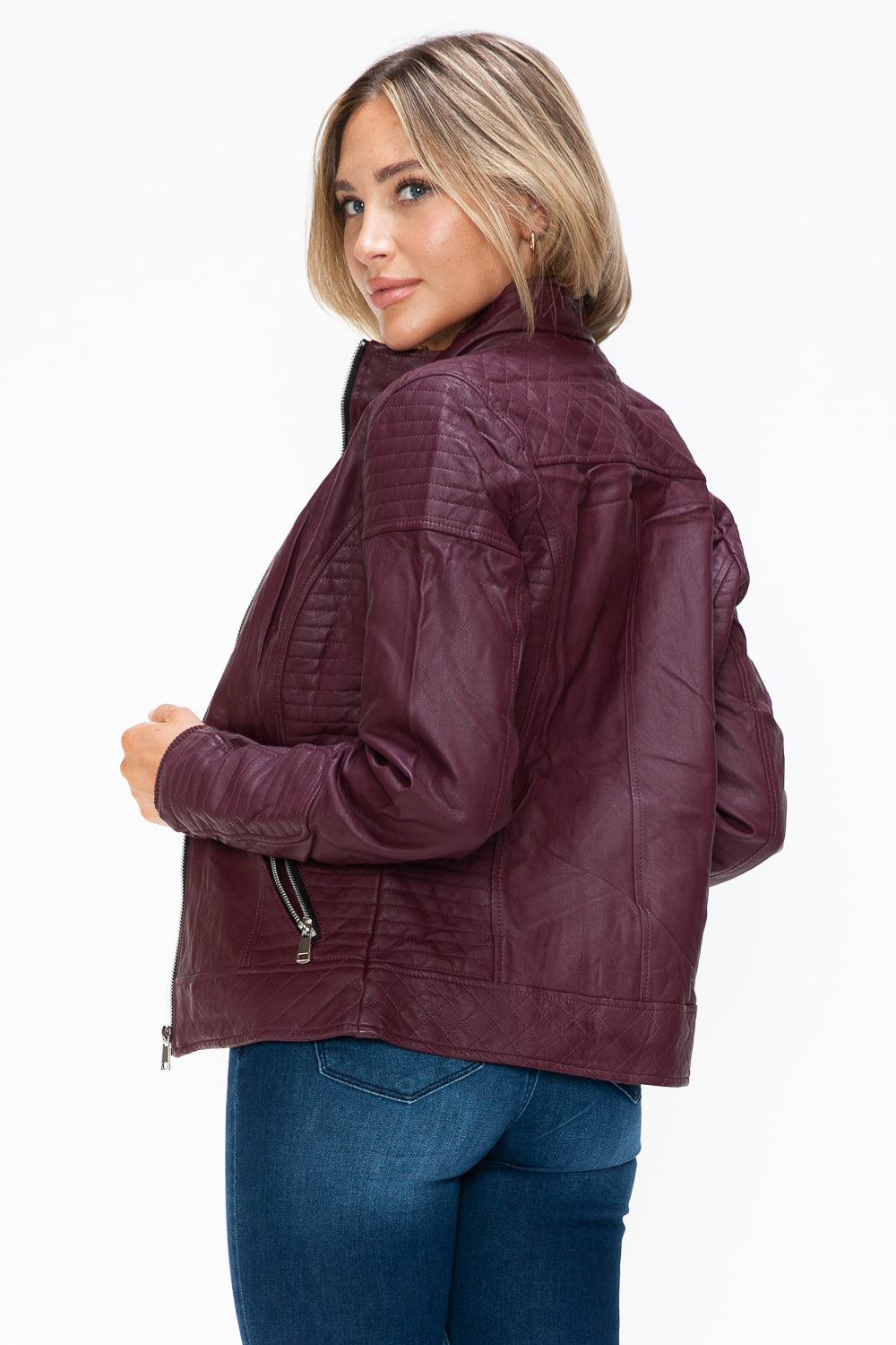 Rebel Chic Faux Leather Moto Jacket with Removable Fuzzy Hood in Wine