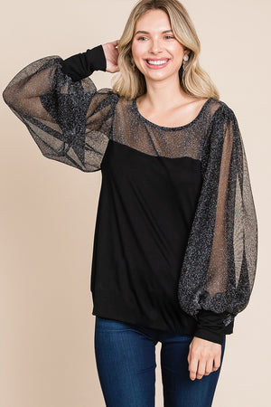 Celestial Shine Metallic Mesh Blouse in Black