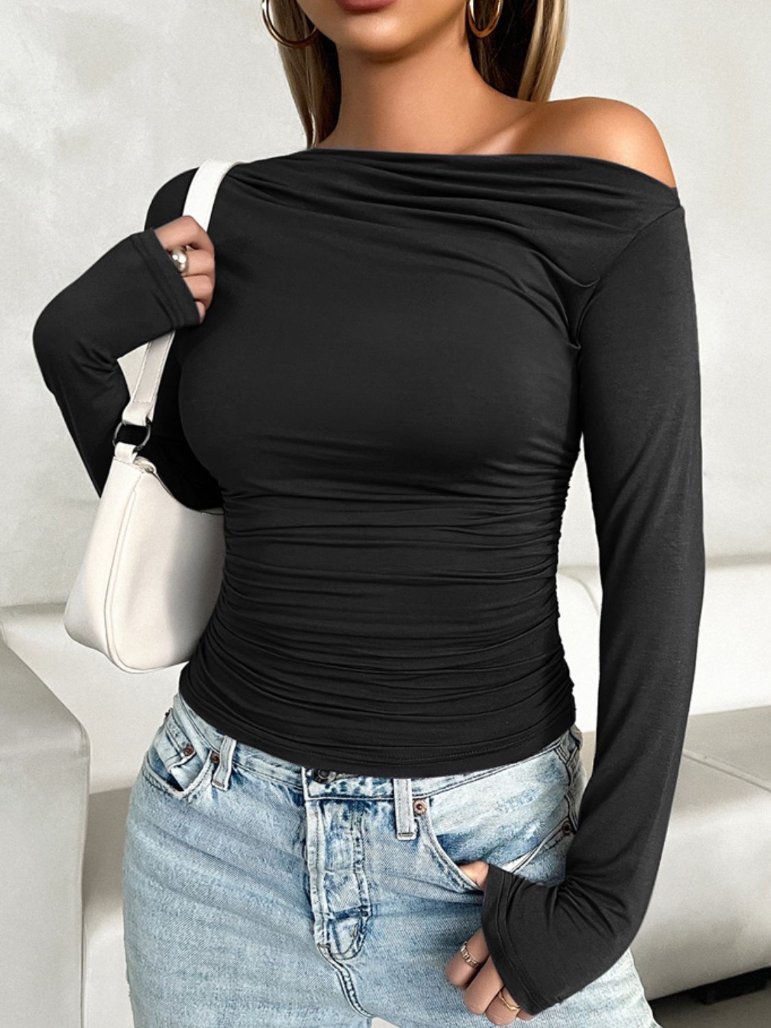 Stellar Ruched One Shoulder Long Sleeve Tee in Black, White & Dusty Blue