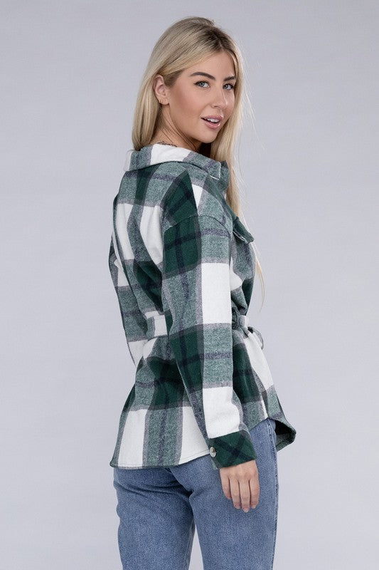 Heading Out Plaid Belted Shacket in Green