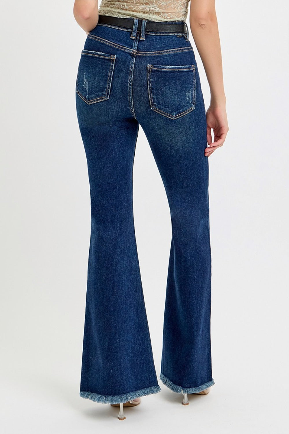 Snatched Frayed Hem Tummy Control Flare Jeans with Belt