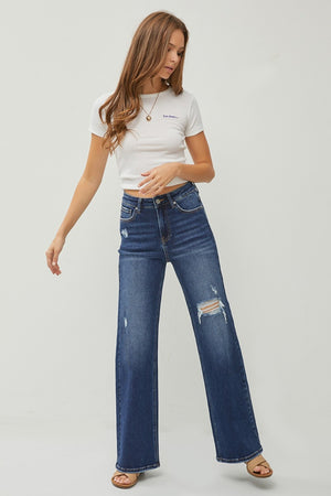 High Times Distressed Wide Leg Jeans in Dark Wash