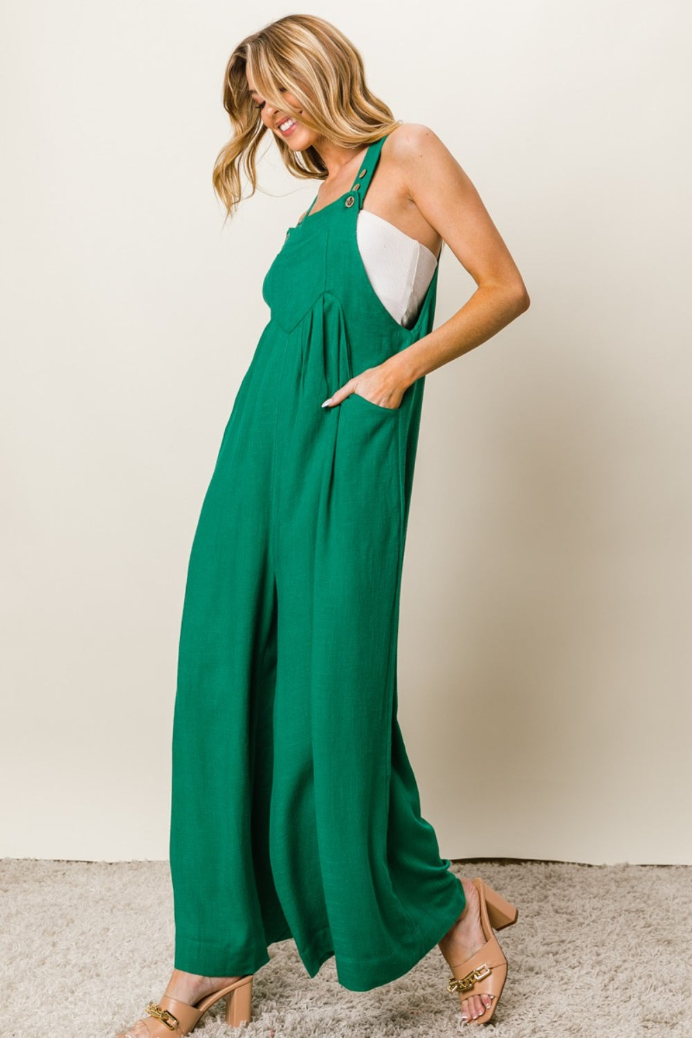 Amila Textured Wide Leg Jumpsuit in Jade