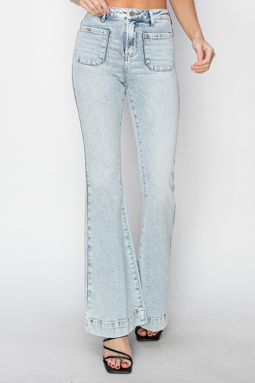 Front Patch Pocket High Rise Flare Jeans in Acid Light