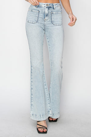 Front Patch Pocket High Rise Flare Jeans in Acid Light