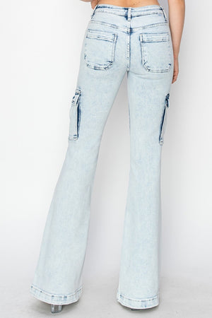 Metro Chic High Rise Cargo Flare Jeans in Acid Light