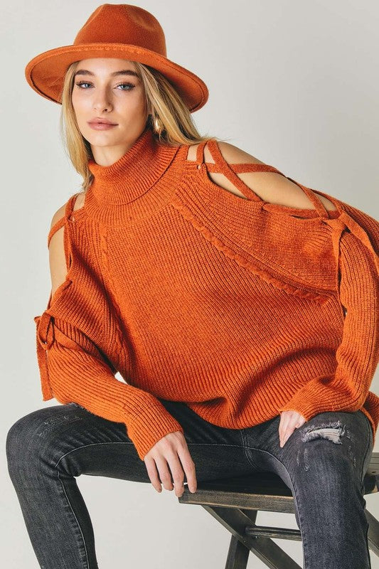 Nora Laced Up Cut-Out Turtle Neck Sweater in Rust & Black