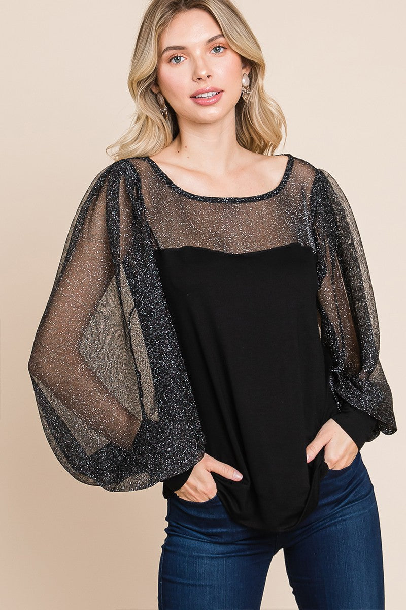 Celestial Shine Metallic Mesh Blouse in Black