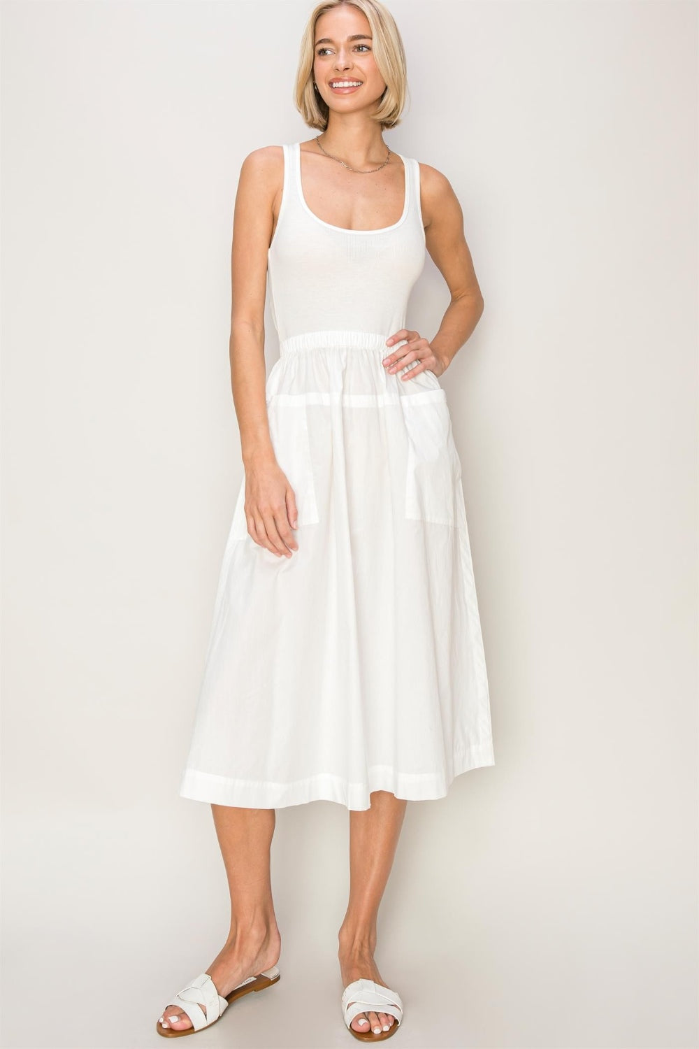 Kaida Mixed Media Midi Tank Dress in Off-White