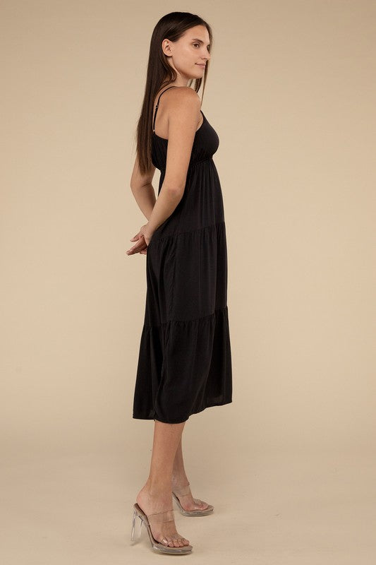 In Tiers Cami Midi Dress in Black, Light Olive, & Ash Jade